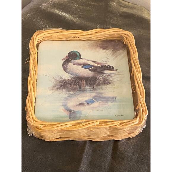 Vtg 80s Basket of Six Mallard Duck Coasters. Single design. Apx. 4 X 4 in. NIB - Picture 1 of 11
